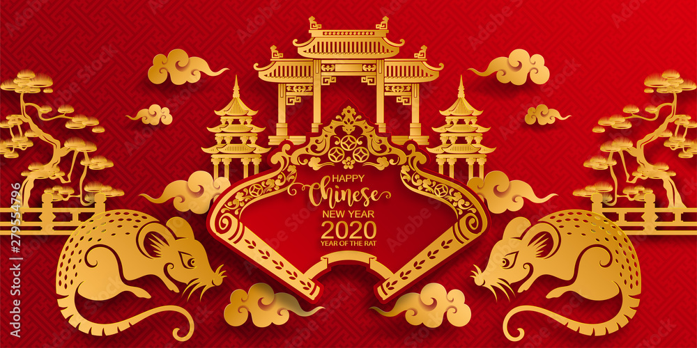 Happy chinese new year 2020 year of the rat ,paper cut rat character,flower and asian elements with craft style on background.  (Chinese translation : Happy chinese new year 2020, year of rat)