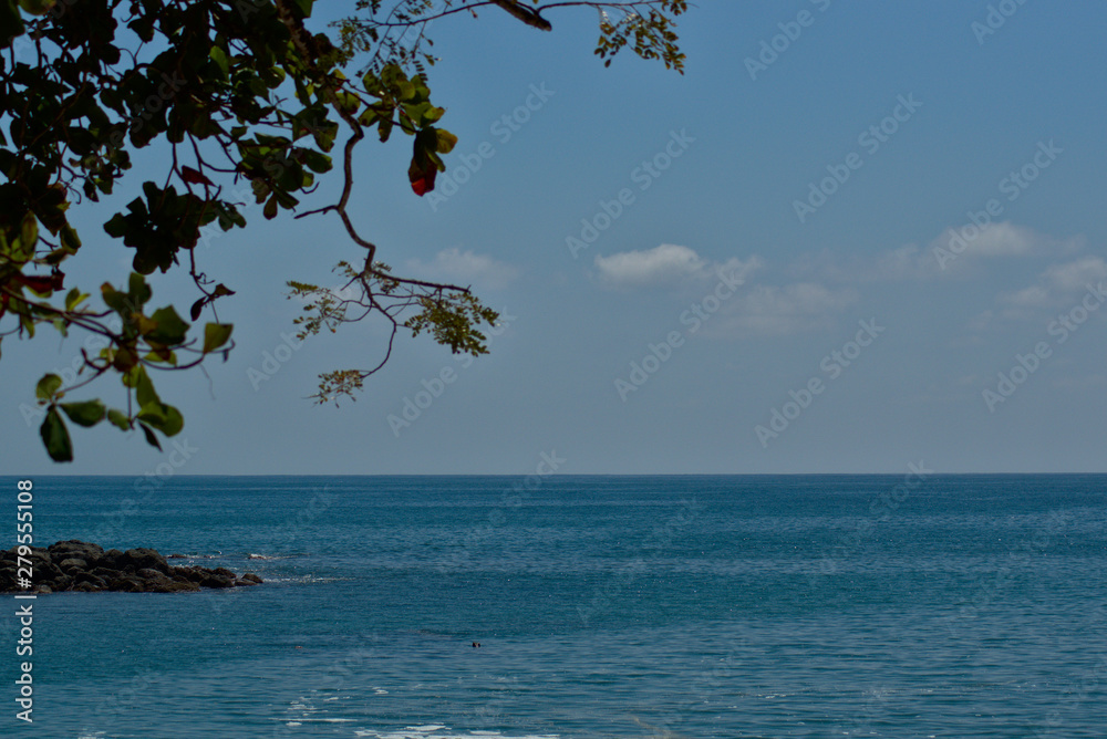 Beach, sea, trees and rock.