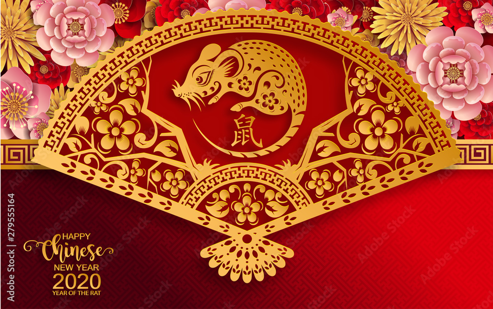 Happy chinese new year 2020 year of the rat ,paper cut rat character,flower and asian elements with craft style on background.  (Chinese translation : Happy chinese new year 2020, year of rat)