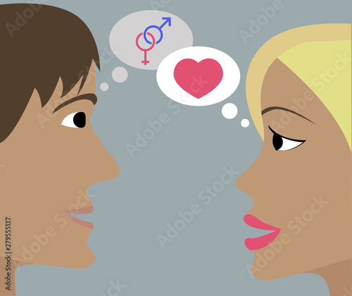 Woman thinks about love. Man thinks about sex. Conceptual illustration