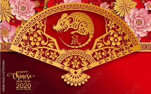 Happy chinese new year 2020 year of the rat ,paper cut rat character,flower and asian elements with craft style on background.  (Chinese translation : Happy chinese new year 2020, year of rat)