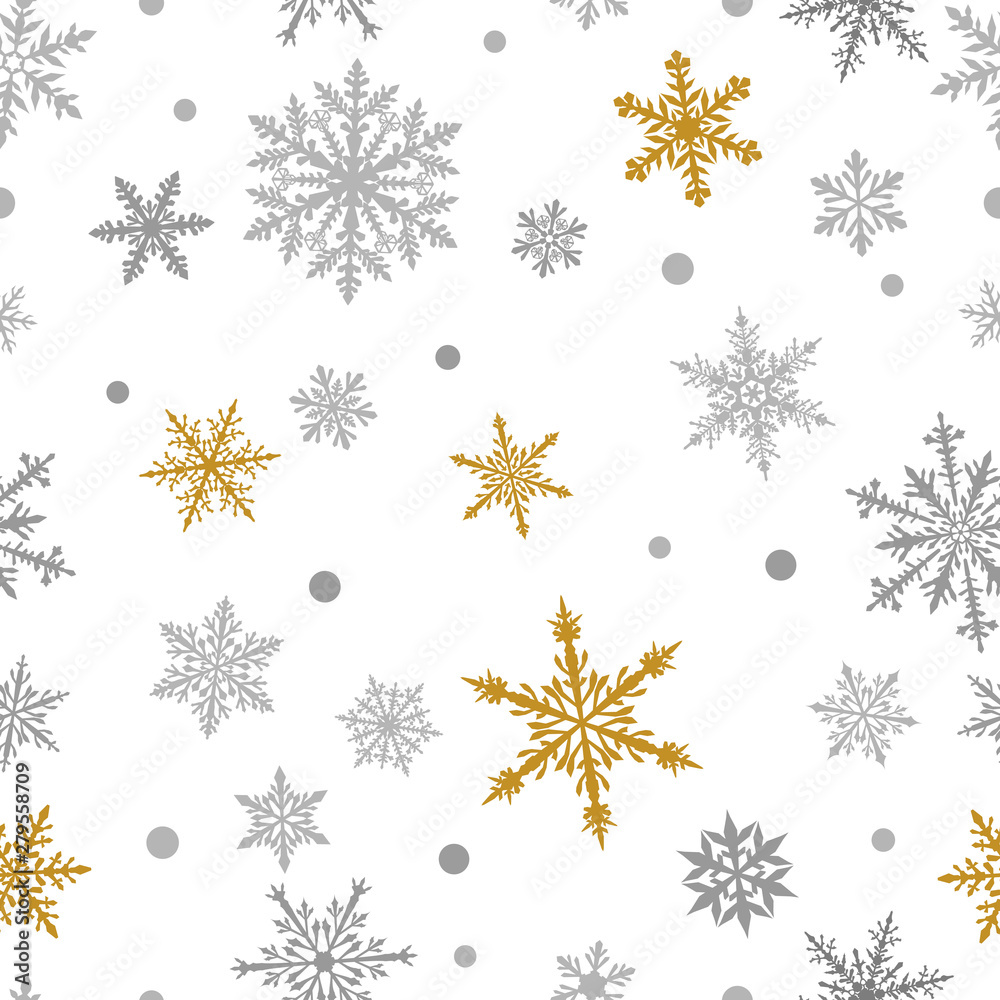 Christmas seamless pattern of complex big and small snowflakes in yellow and gray colors on white background