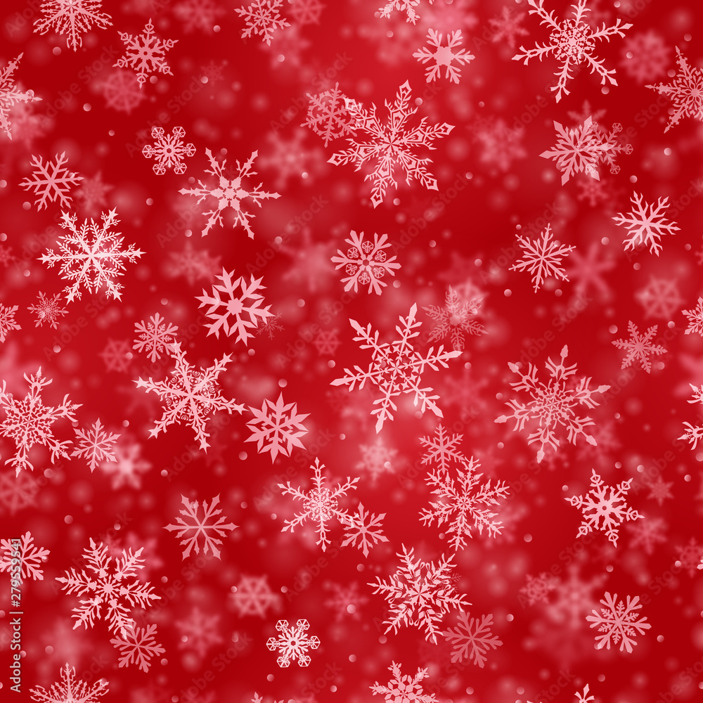 Christmas seamless pattern of complex blurred and clear falling snowflakes in red colors with bokeh effect