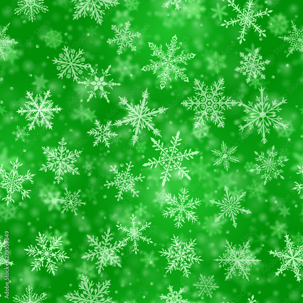 Christmas seamless pattern of complex blurred and clear falling snowflakes in green colors with bokeh effect Christmas seamless pattern of complex blurred and clear falling snowflakes in green colors with bokeh effect