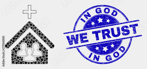Dot church people mosaic pictogram and In God We Trust seal stamp. Blue vector round textured seal stamp with In God We Trust phrase. Vector composition in flat style.