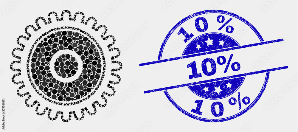 Dotted cog mosaic pictogram and 10% seal. Blue vector round textured seal stamp with 10% title. Vector collage in flat style. Black isolated cog mosaic of scattered spheres, and 10% stamp. Dotted cog mosaic pictogram and 10% seal. Blue vector round textured seal stamp with 10% title. Vector collage in flat style. Black isolated cog mosaic of scattered spheres, and 10% stamp.