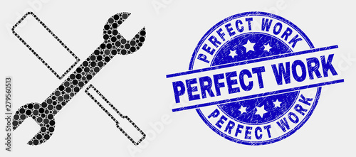 Dot configuration tools mosaic icon and Perfect Work seal stamp. Blue vector round textured seal with Perfect Work message. Vector collage in flat style.