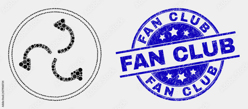 Pixel cyclone arrows mosaic pictogram and Fan Club seal stamp. Blue vector rounded grunge seal stamp with Fan Club text. Vector combination in flat style.