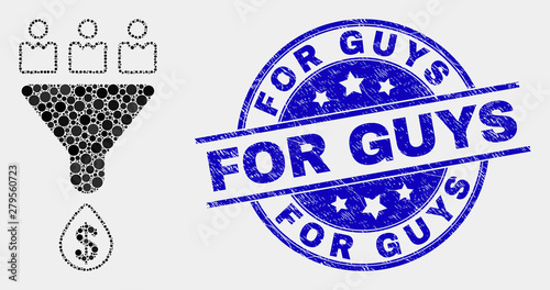 Pixel customers sales funnel mosaic pictogram and For Guys stamp. Blue vector round textured stamp with For Guys phrase. Vector composition in flat style.