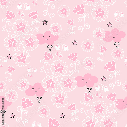 Cute seamless pattern with flowers and owls on baby pink background.