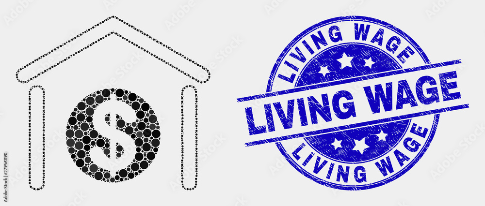 Obraz premium Pixelated dollar garage bank mosaic pictogram and Living Wage seal stamp. Blue vector round distress seal stamp with Living Wage text. Vector combination in flat style.