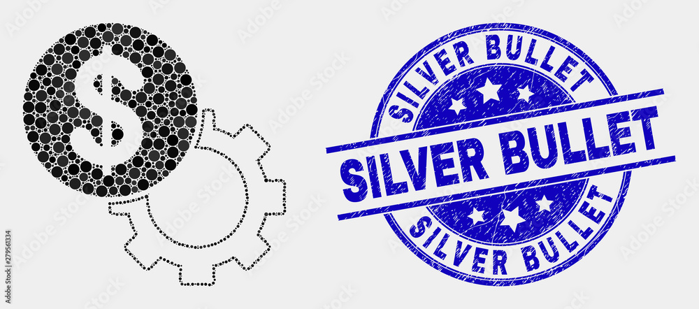 Dotted dollar setup gear mosaic pictogram and Silver Bullet watermark. Blue vector rounded textured watermark with Silver Bullet title. Vector combination in flat style.
