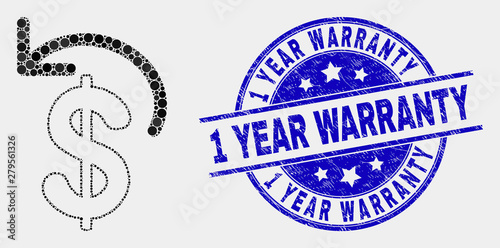Pixelated dollar refund mosaic icon and 1 Year Warranty seal stamp. Blue vector rounded distress stamp with 1 Year Warranty phrase. Vector collage in flat style.