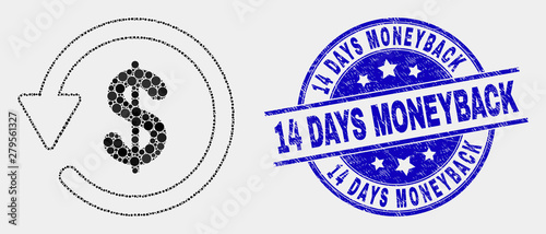 Dot dollar refund mosaic pictogram and 14 Days Moneyback watermark. Blue vector round distress stamp with 14 Days Moneyback phrase. Vector composition in flat style.