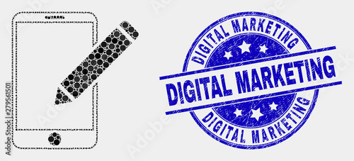 Pixel edit phone records mosaic icon and Digital Marketing seal. Blue vector round grunge seal with Digital Marketing caption. Vector combination in flat style.