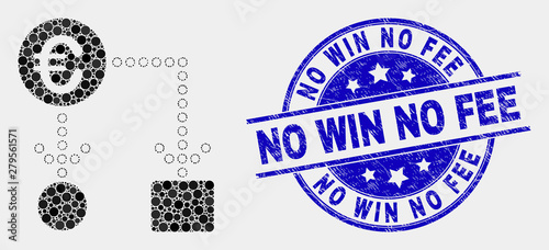 Pixel euro cash flow mosaic pictogram and No Win No Fee watermark. Blue vector round distress seal stamp with No Win No Fee message. Vector composition in flat style.