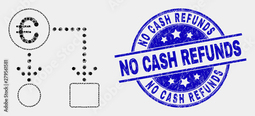 Dotted euro cash flow mosaic pictogram and No Cash Refunds seal stamp. Blue vector round grunge seal stamp with No Cash Refunds phrase. Vector collage in flat style.