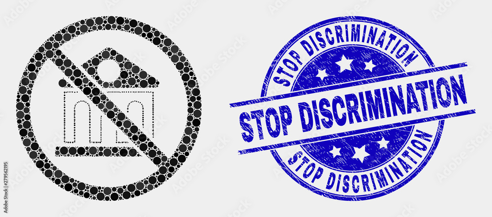Obraz premium Pixelated forbidden bank mosaic pictogram and Stop Discrimination seal stamp. Blue vector rounded textured seal with Stop Discrimination message. Vector combination in flat style.