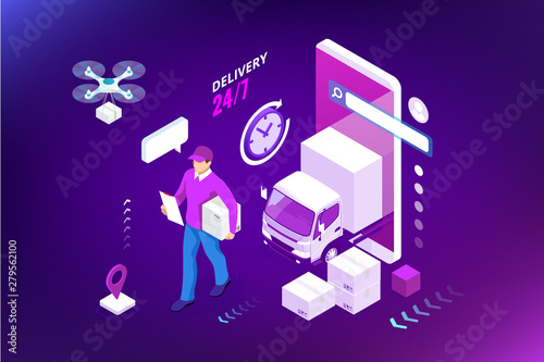 Isometric Logistics and Delivery concept. Delivery home and office. City logistics. Warehouse, truck, forklift, courier, drone and delivery man.