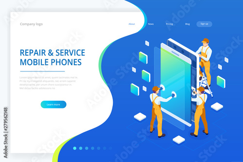 Isometric smartphone repair service concept. Electronics repair service. Same day phone repair landing page website template.
