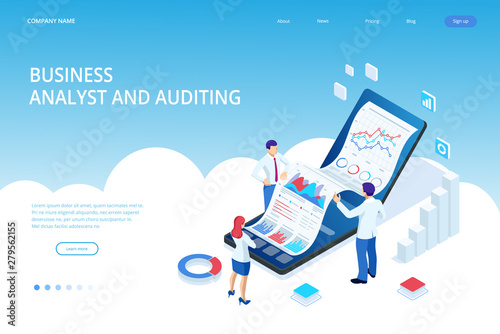 Landing page with Isometric Business and Finance Analysts, Analyzing Key Performance Indicators, Business Data Analyst and Auditing