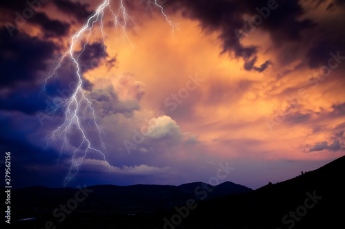 lightning on dark stormy sky - summer storm - bad weather forecast - warning