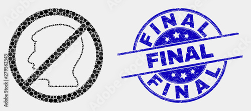 Dotted forbidden user mosaic icon and Final watermark. Blue vector rounded distress seal stamp with Final title. Vector combination in flat style.