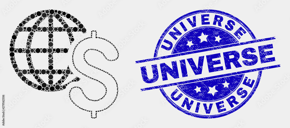 Dot global business mosaic pictogram and Universe stamp. Blue vector round distress seal stamp with Universe message. Vector combination in flat style. Dot global business mosaic pictogram and Universe stamp. Blue vector round distress seal stamp with Universe message. Vector combination in flat style.