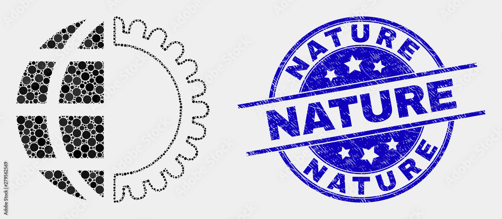 Pixel global service mosaic icon and Nature seal stamp. Blue vector rounded distress seal with Nature message. Vector composition in flat style.
