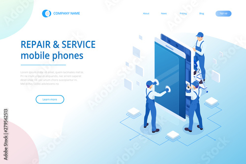 Isometric smartphone repair service concept. Electronics repair service. Same day phone repair landing page website template.