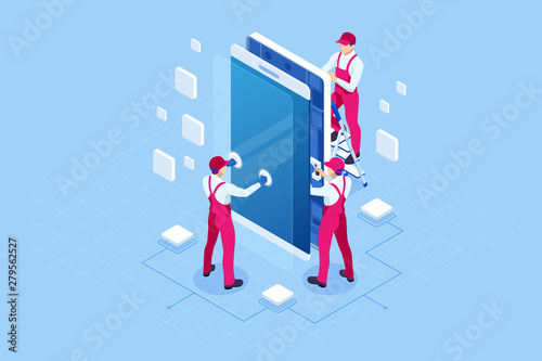 Isometric smartphone repair service concept. Electronics repair service. Same day phone repair landing page website template.