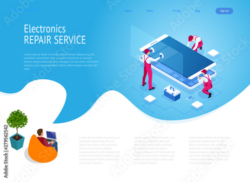 Isometric smartphone repair service concept. Electronics repair service. Same day phone repair landing page website template.