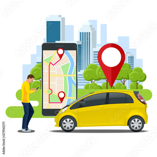 Man holding a smartphone renting a car online with city map on screen. Car sharing service.