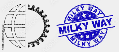 Dotted global service mosaic icon and Milky Way seal stamp. Blue vector round textured seal stamp with Milky Way phrase. Vector collage in flat style.