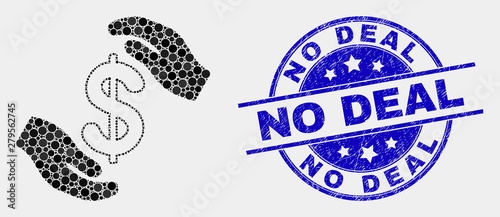 Dotted hands care dollar mosaic icon and No Deal seal. Blue vector rounded distress seal stamp with No Deal title. Vector composition in flat style.