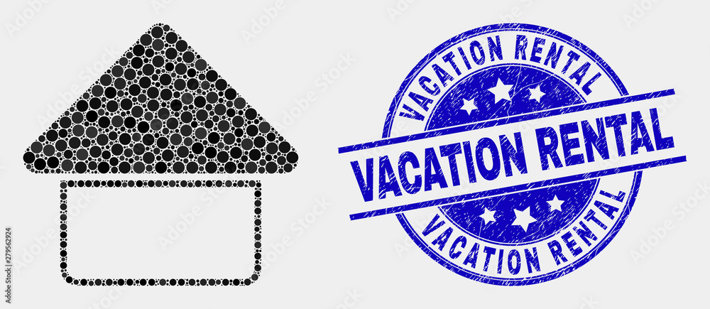 Dot home mosaic icon and Vacation Rental seal stamp. Blue vector rounded scratched seal with Vacation Rental phrase. Vector combination in flat style. Black isolated home mosaic of randomized dots,
