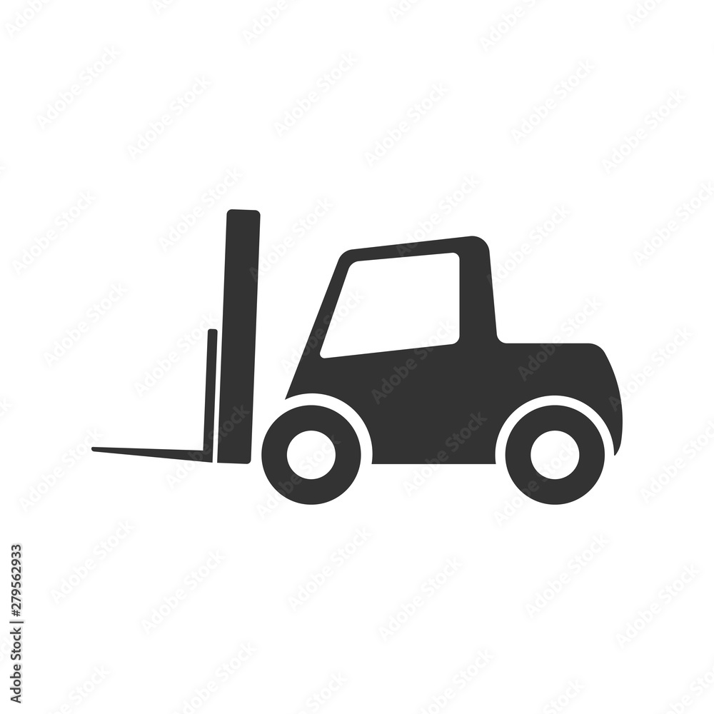 Forklift icon. Black silhouette loader. Side view. Vector drawing. Isolated object on white background. Isolate.