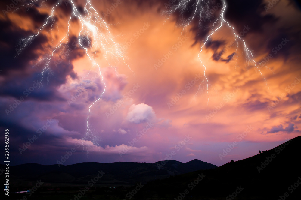 lightning on dark stormy sky - summer storm - bad weather forecast - warning