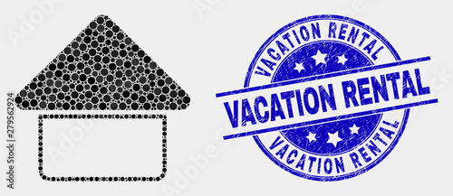 Dot home mosaic icon and Vacation Rental seal stamp. Blue vector rounded scratched seal with Vacation Rental phrase. Vector combination in flat style. Black isolated home mosaic of randomized dots,