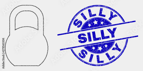 Pixel iron pound mosaic icon and Silly watermark. Blue vector round textured seal stamp with Silly text. Vector composition in flat style. Black isolated iron pound illustration of scattered spheres,
