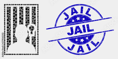 Pixel jailed person mosaic icon and Jail seal stamp. Blue vector rounded grunge seal with Jail message. Vector collage in flat style. Black isolated jailed person mosaic of random dots,