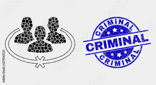 Dot jailed persons mosaic icon and Criminal seal stamp. Blue vector round grunge seal stamp with Criminal message. Vector collage in flat style. Black isolated jailed persons mosaic of random spheres,