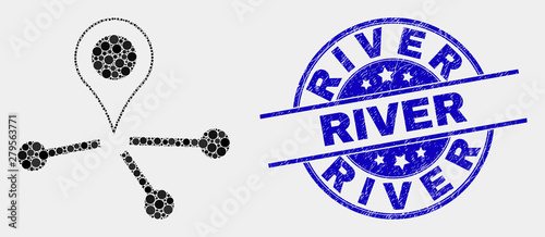 Pixelated map pointer links mosaic icon and River seal stamp. Blue vector rounded grunge seal stamp with River text. Vector composition in flat style.
