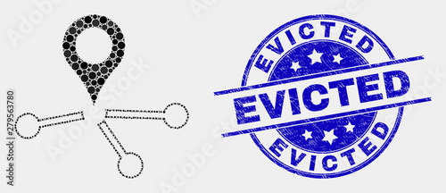 Pixel map pointer links mosaic icon and Evicted seal stamp. Blue vector round scratched seal stamp with Evicted phrase. Vector composition in flat style.