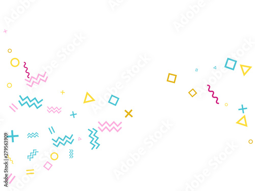 Memphis style geometric confetti vector background with triangle, circle, square shapes, chevron