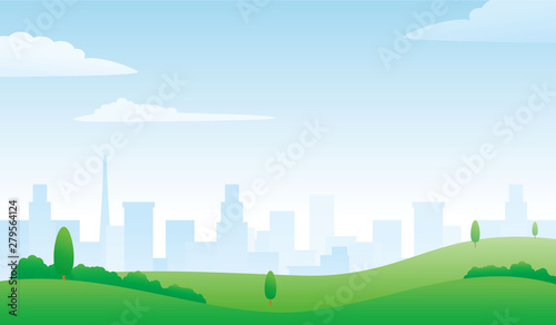 Meadow and city on the background with bright sky vector illustration suitable for environment theme background or wallpaper 