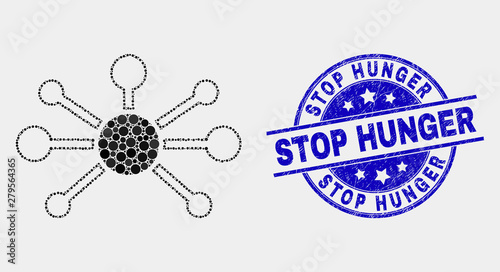 Dot node links mosaic pictogram and Stop Hunger seal stamp. Blue vector round distress watermark with Stop Hunger text. Vector composition in flat style.