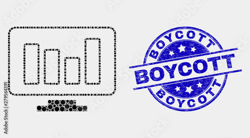 Dot online chart mosaic icon and Boycott watermark. Blue vector rounded distress stamp with Boycott phrase. Vector collage in flat style. Black isolated online chart mosaic of randomized spheres,
