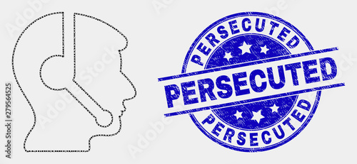 Dot operator head mosaic pictogram and Persecuted seal stamp. Blue vector round textured seal with Persecuted text. Vector combination in flat style.
