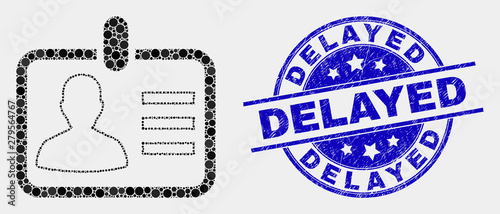 Pixelated person badge mosaic pictogram and Delayed seal stamp. Blue vector round textured stamp with Delayed phrase. Vector collage in flat style.